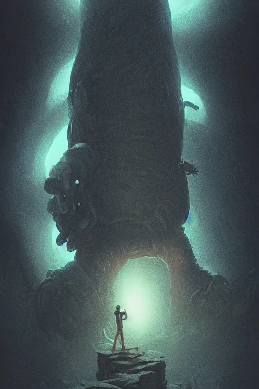 Image similar to A giant michanical being looking down at a small person by Greg Rutkowski, beeple, Sung Choi, Mitchell Mohrhauser, Maciej Kuciara, Johnson Ting, Maxim Verehin, Peter Konig, final fantasy, macro lens, 35mm, 8k photorealistic, cinematic lighting, HD, high details, dramatic, dark atmosphere, trending on artstation