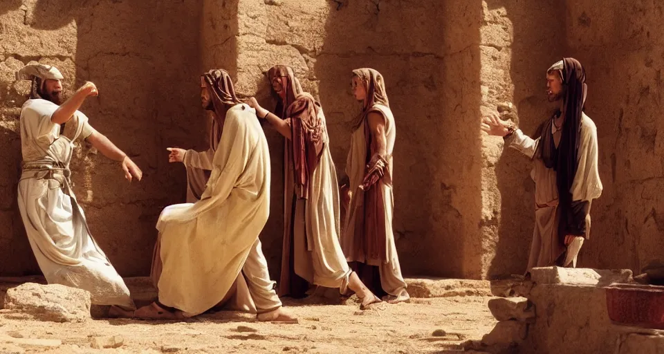 Image similar to award winning cinematic still of 26 year old male in ancient Canaanite clothing meeting 18 year old female in ancient Canaanite clothing, dramatic lighting, establishing shot, high detail, Biblical epic directed by Wes Anderson, HD, wallpaper,