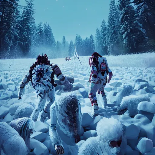 Image similar to majestic native americans fighting cyborg white men in a snowy field, art by beeple, styled like beeple, landscape, hyper realistic,
