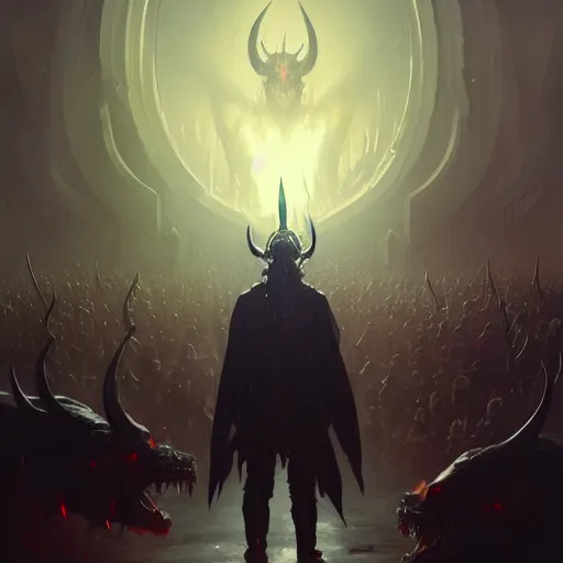 Image similar to pat robertson with deep black eyes wide open as the devil lording over his army of demons, greg rutkowski, trending on artstation, 8 k