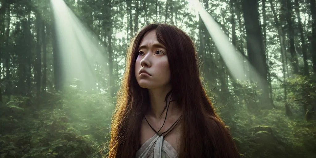 Prompt: portrait bust of woman, god rays, forest background, long brown hair, cloth, princess mononoke, 4 k, greg rutkowski, high detail, dramatic lighting, sunset, hayao miyazaki, masashi ando, nizou yamamoto, kazuo oga, joe hisaishi, yoji takeshige, naoya tanaka