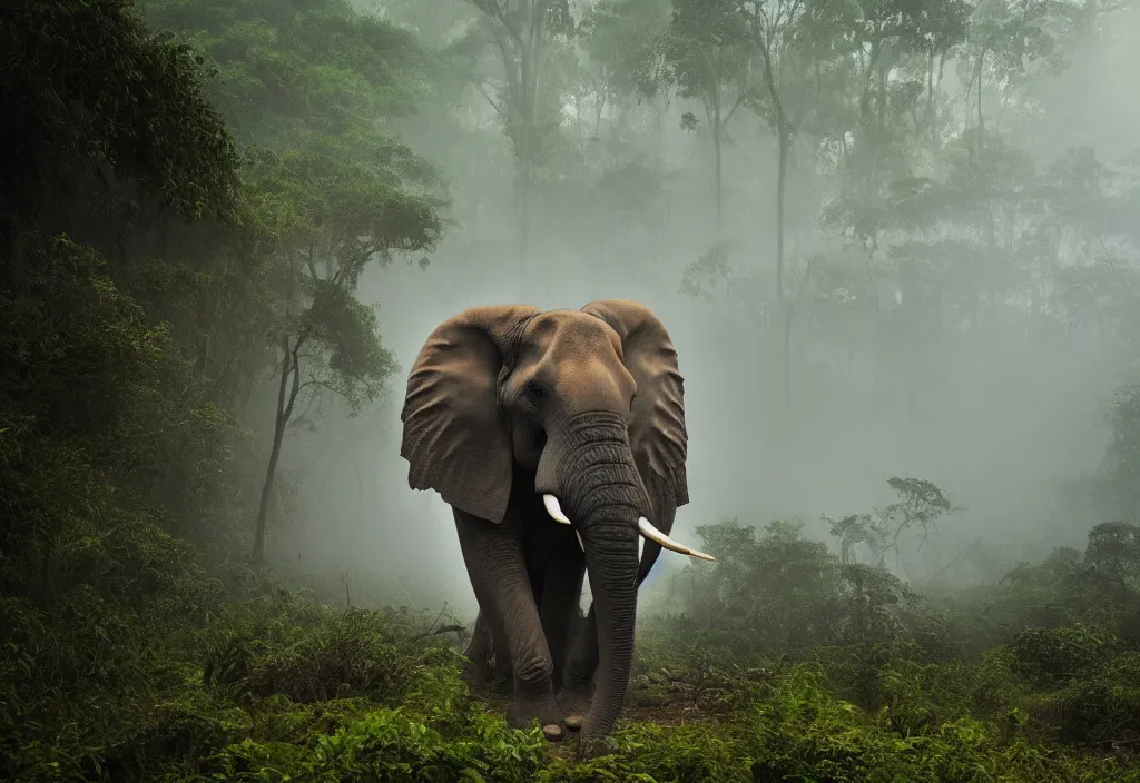 Image similar to an enormous elephant king, in a jungle with ominous light from above, ambient light, fog, river, very poetic