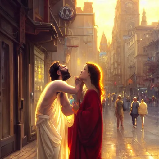 Image similar to jesus kissing a woman in a street, elegant, highly detailed, digital painting, artstation, concept art, matte, sharp focus, highly detailed, 4 k, hdr, smooth, sharp focus, high resolution, award - winning photo, photorealistic, art by artgerm and greg rutkowski and alphonse mucha, large shot