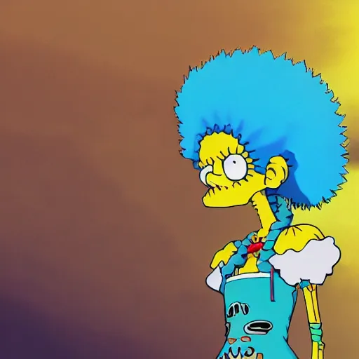 Image similar to manga fine details portrait of joyful skull girl, floeers in hair, marge simpson, skeleton. anime masterpiece by studio ghibli. 8 k render, sharp high quality anime illustration in style of ghibli, artstation