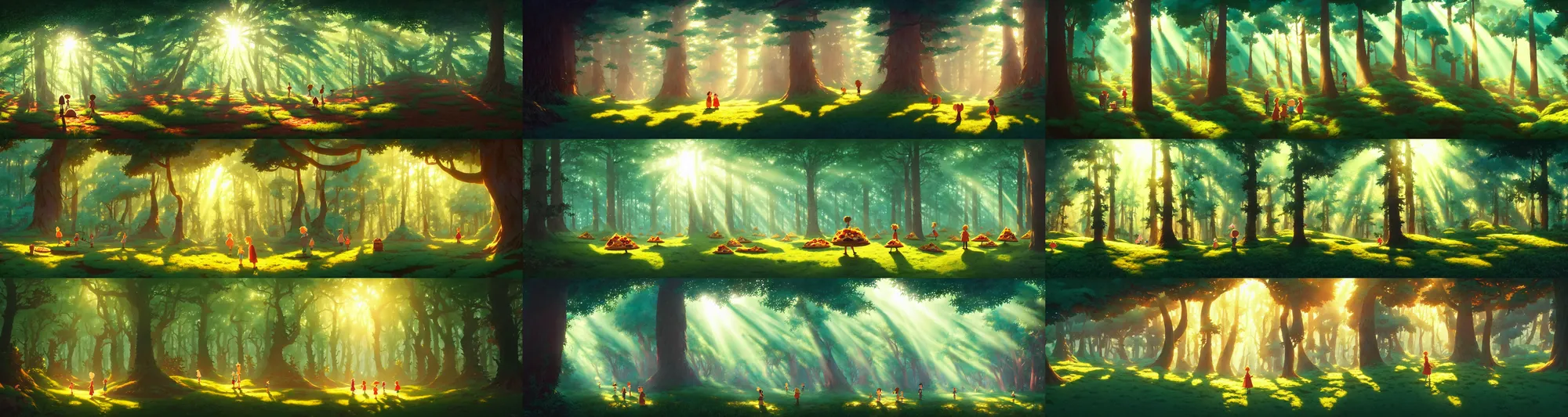 Prompt: a wholesome animation key shot of a sunny backlighting forest made of pizza!!! pizza pizza, studio ghibli, pixar and disney animation, sharp, rendered in gouache painting, anime gouache key art by greg rutkowski, bloom, dramatic, dynamic lighting