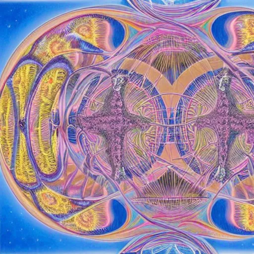 Image similar to map of the multiverse, painting by Alex Grey and Hajime Sorayama