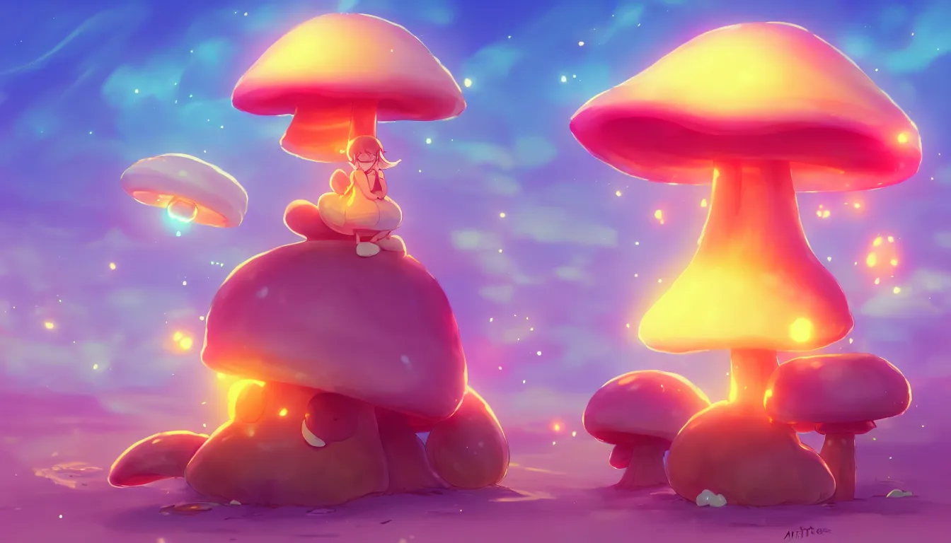 Image similar to concept art for a cute thicc mushroom creature, anime style, golden hour, lens flare, pastel pink glow, sitting on the beach | | epic - fine - clean, polished, trending on artstation, brush strokes