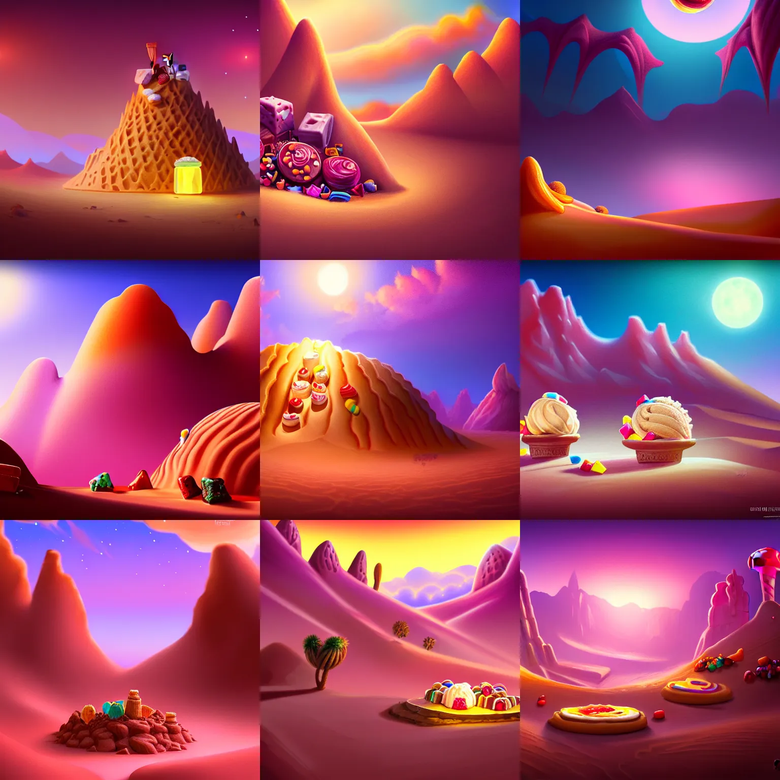 Prompt: desert made from icecream and candies, handsome, intricate, detailed, volumetric lighting, scenery, digital painting, highly detailed, artstation, sharp focus, illustration, concept art, 8 k, hyper realistic, magic world