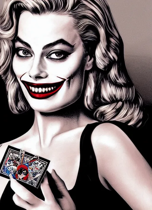 Image similar to tattoo design of beautiful margot robbie portrait with joker makeup, holding an ace card, in the style of den yakovlev, realistic face, black and white, realism tattoo, hyper realistic, highly detailed