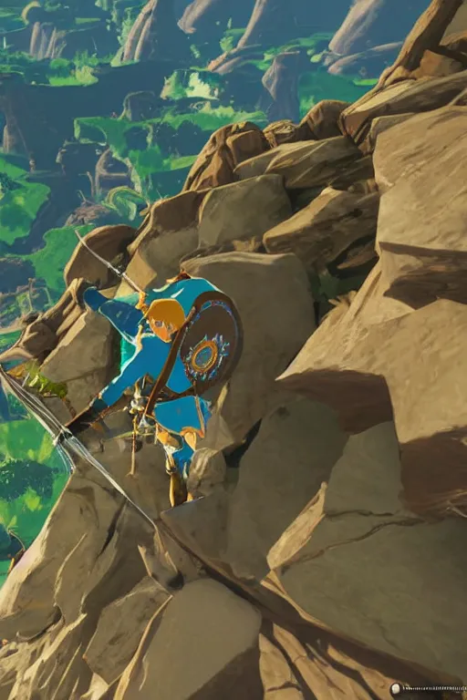 Prompt: in game footage of link from the legend of zelda breath of the wild climbing using magnesis, breath of the wild art style.