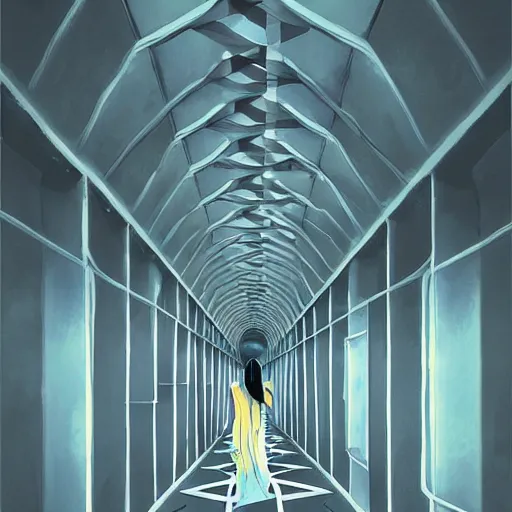 Prompt: a slimegirl in a bright white hallway with many doors and many stairs, Mc Escher architecture, epic composition, by Makoto Shinkai