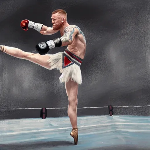 Image similar to connor mcgregor dressed as a ballerina dancing ballet inside the mma ring, highly detailed, digital painting, concept art, art by greg rutkowski, 4 k