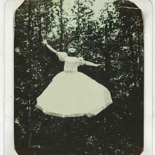 Image similar to Polaroid photo of Victorian child floating up in the air, in the clearing of a forest