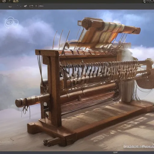 Image similar to a loom machine that weaves and creates the clouds, asthetic, 8K, concept art, highly detailed, hyper-realistic, polished, artstation, unreal engine