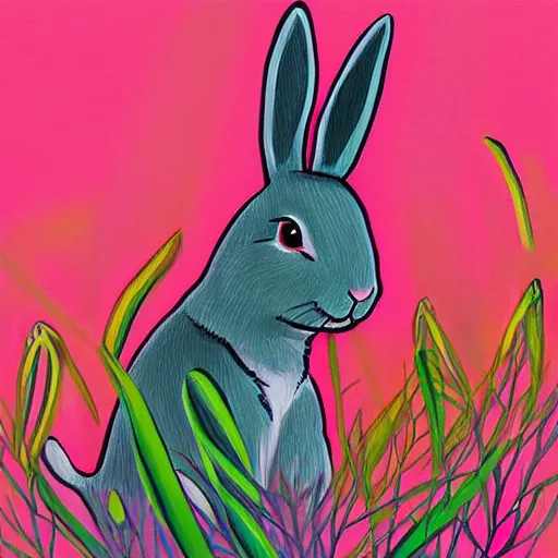 Prompt: a painting of a rabbit in the shrubs at night with a pink neon heart above it, a digital painting by Melissa Benson, behance contest winner, art on instagram, digital painting, retrowave