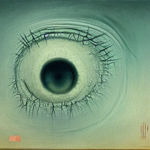 Image similar to her eyes wide by zdzislaw beksinski, oil on canvas