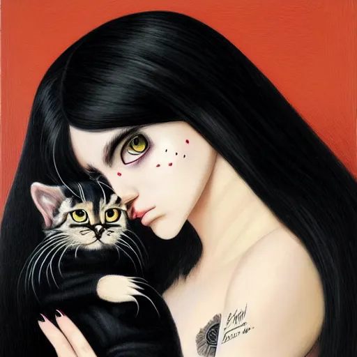 Image similar to a painting of an emo goth mexican woman with long dark hair thick eyebrows dark eyes and dark circles wide nose big eyes oval face shape big cheeks, holding her tabby cat, a photorealistic painting by tran nguyen and ilya kuvshinov, featured on deviantart, gothic art, goth, gothic, detailed painting