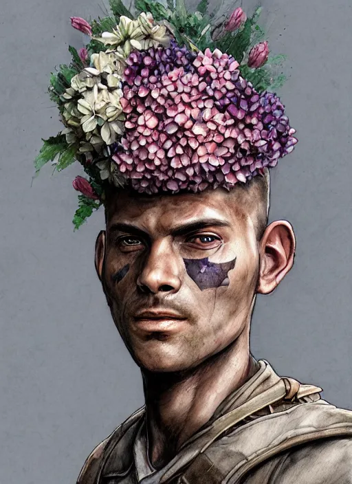 Image similar to handmade character portrait of a serious american soldier man, flowers growing on his face and body, amaratyllis, hydrangea, chrysanthemum, hyacinth, in the style of artgerm and enki bilal and bastien lecouffe - deharme, wlop, line art, watercolor, cinematic lighting, hyperdetailed, hyperrealistic