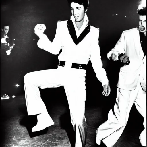 Prompt: black and white photograph of elvis on drugs dancing, aliens from another planet in the background