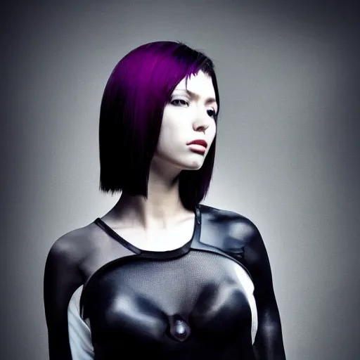 Image similar to a ghost in the shell inspired full shot photographic portrait of a woman in a complex top model pose wearing top urban futuristic fashion clothing