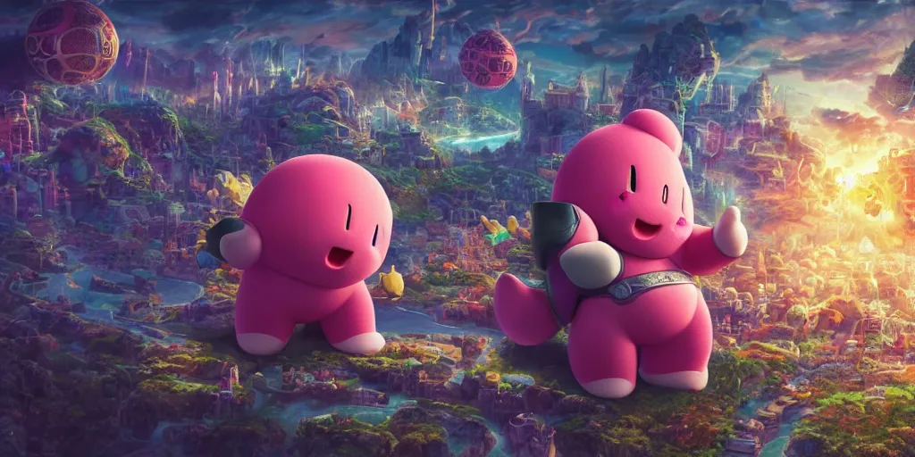 Image similar to kirby eating the source of capitalism, realistic 4 k octane beautifully detailed render, 4 k post - processing, highly detailed, intricate complexity, epic composition, magical atmosphere, cinematic lighting, masterpiece, ultra hd