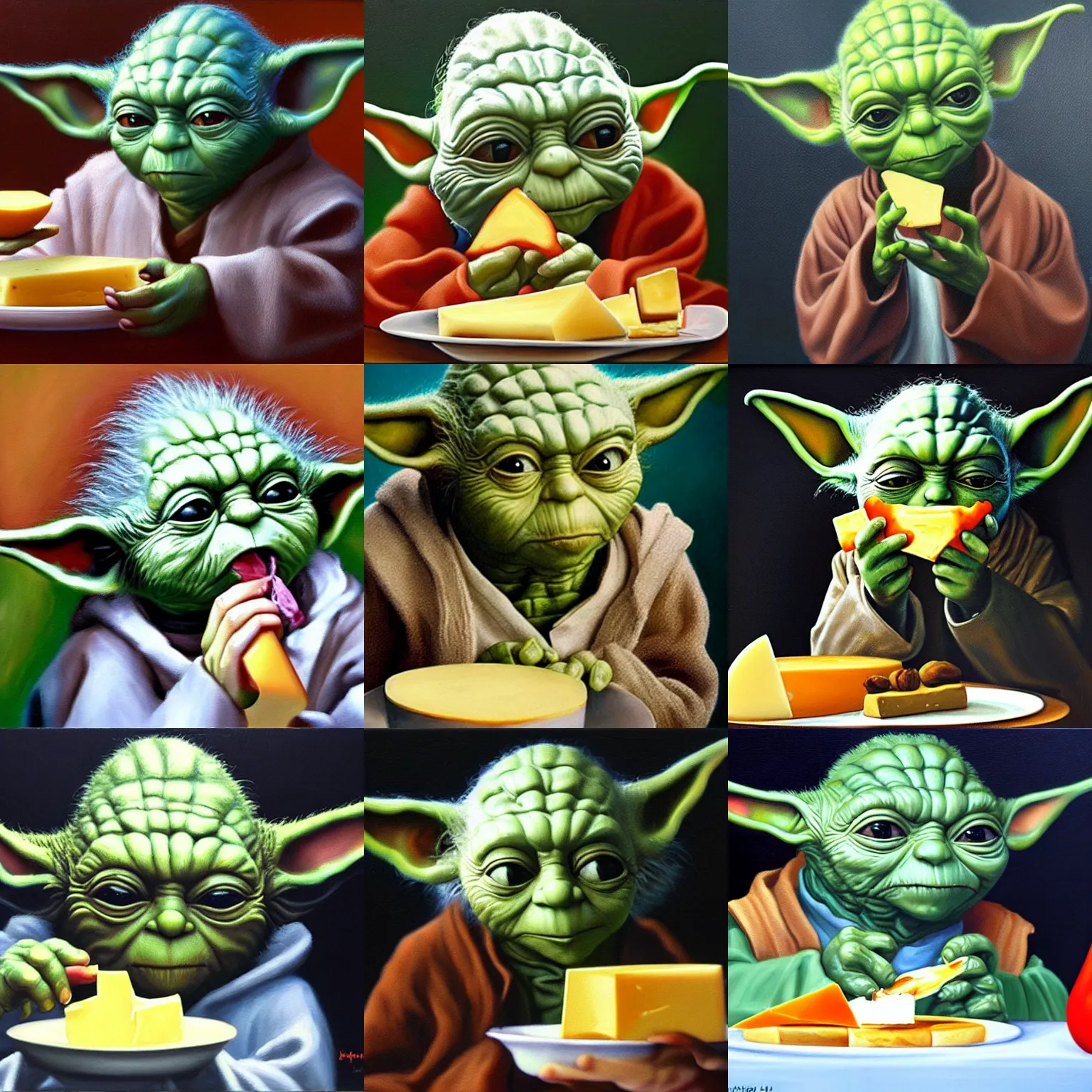 Prompt: a hyper realistic oil painting of Yoda eating cheese, 4K