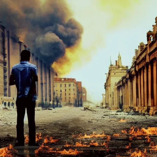 Image similar to the city is burning and fire is everywhere, palaces are collapsing world is getting destroyed just a man was standing alone crying while world is getting destroyed detailed picture HD