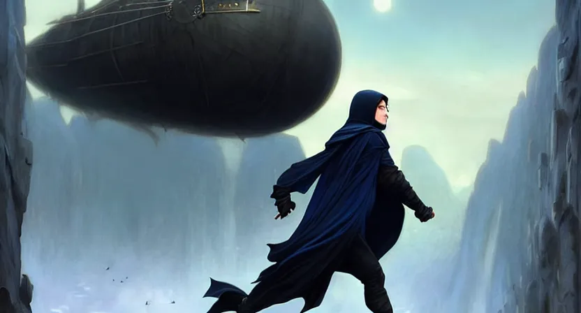 Image similar to handsome mage running away from a giant airship, black hair wearing hooded gothic navy cloak, cave town, movie action still frame, ultra wide horizon, intricate, elegant, highly detailed, hyperrealism, digital painting, concept art, smooth, sharp, focus, illustration, art by artgerm, greg rutkowski, ilya kuvshinov, alphonse mucha