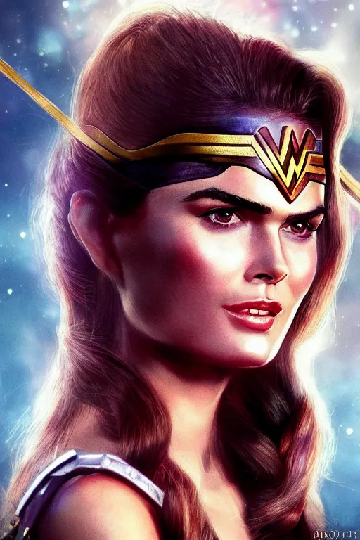 Prompt: portrait of a mix of beautiful young maria shriver, mariel hemmingway, brooke shields and elle macpherson as wonderwoman, thin lips, hair tied up in a pony tail, colorful artstation, cgsociety