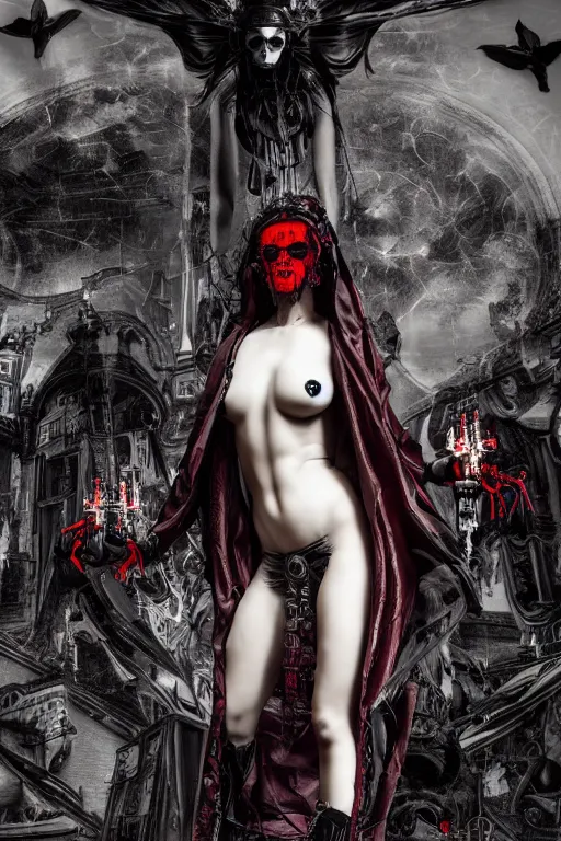 Prompt: full-body cyberpunk style sculpture of a young beautiful dark priestess, half android with a head opening exposing circuitry, glowing red eyes, black roses, flowing blood-red colored silk, fabric, candles. baroque elements, human skull, full-length view. baroque element. intricate artwork by Caravaggio. crows flying in background. Trending on artstation, octane render, cinematic lighting from the right, hyper realism, octane render, 8k, depth of field, 3D