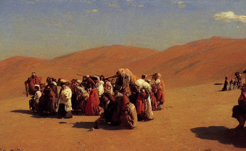 Image similar to high quality high detail painting by ilya repin, a long row of people in the desert, hd