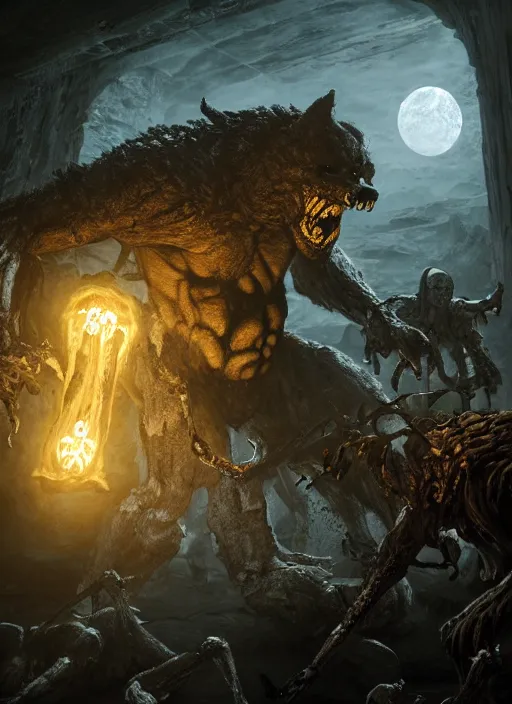 Prompt: an enormous, massively muscled werewolf fighting an army of skeletons in an underground tomb, ultra detailed fantasy, elden ring, realistic, dnd, rpg, game design concept art, behance hd, artstation, deviantart, global illumination radiating a glowing aura global illumination ray tracing hdr render in unreal engine 5