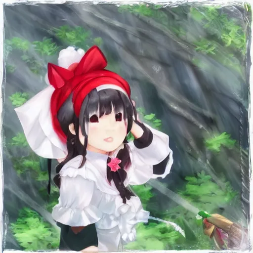 Image similar to a wlop of reimu in the jungle wearing bonnet