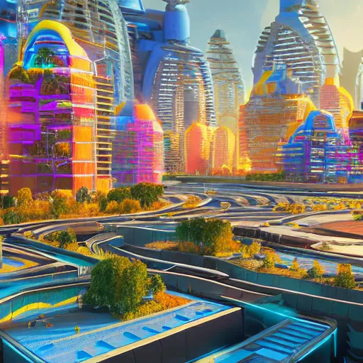 Image similar to photo of a futuristic city in a bright colorful future made of natural materials. Very detailed 8k. Unreal engine 5 render with nanite, global illustration and path tracing. Volumetric lighting. Cinematic post processing.