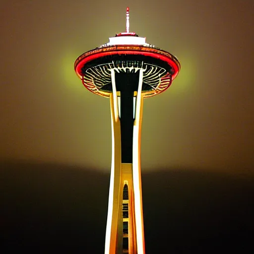 Prompt: Toronto space needle tourist guide with planet mars as a head, dramatic cinematic lighting