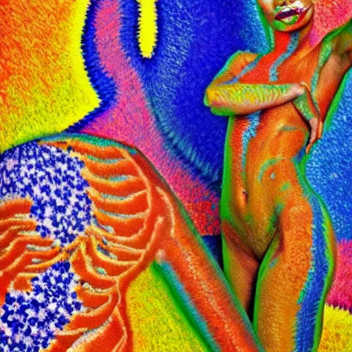 Image similar to stylized bodypaint by paul signac, photography. very detailed human form.