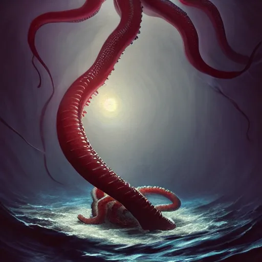 Image similar to a dream fantasy painting of a a swimming man trapped by a giant octopus in the deep of the ocean, by beksinki, giger, greg rutkowski, carne griffith trending on artstation, deviantart, photorealism