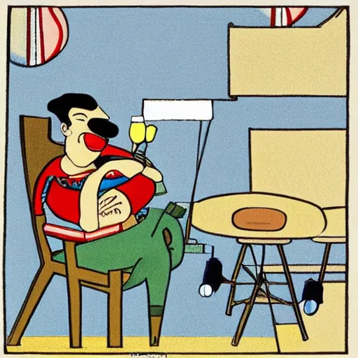 Image similar to illustration of the greek god eros who is a clown, has hurt his knee and sitting in a chair and is watching the game on tv with a beer in hand, by chris ware