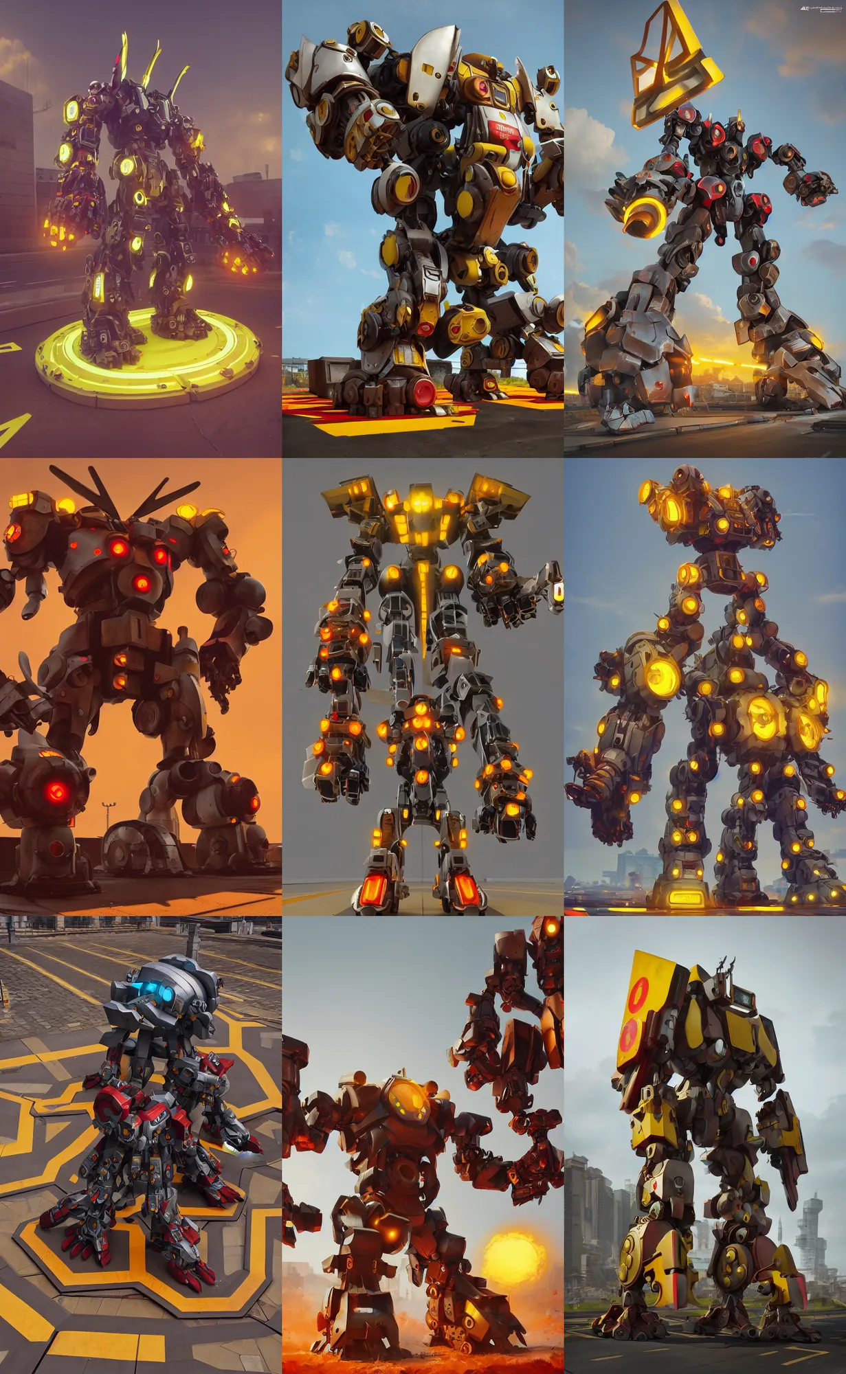 Prompt: giant mecha gladiator made of yellow road signs and a red stop sign on its head, character design trending on artstation, mecha, unreal engine, octane render, detailed model, hardsurface modelling, epic, rust game art, official overwatch art battle