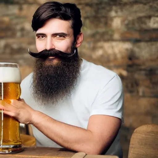 Image similar to a photo of a woman with a beard and moustache. she is smiling and drinking a big german beer.