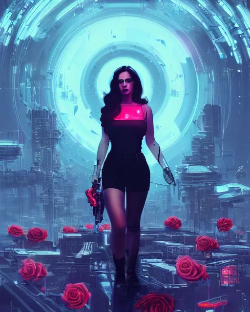 Image similar to portrait of lana del rey as a cyberpunk cyborg. roses, sci - fi, missing panels, intricate abstract, upper body, intricate artwork, by tooth wu, wlop, beeple, dan mumford. concept art, 8 k octane render, deviantart, greg rutkowski, cinematic, key art, hyperrealism, iridescent accents