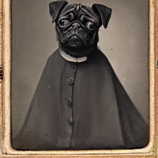 Image similar to daguerreotype portrait of a pug wearing a victorian dress