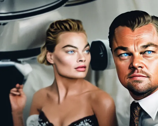 Image similar to leonardo dicaprio as the wolf of wall street next to margot robbie as naomi from the wolf of wall street in a helicopter, hyper realistic faces, beautiful eyes, cinematic, long shot, hyper detailed, 8 5 mm photograph, 8 k resolution, film still, sharp lens, wide lens