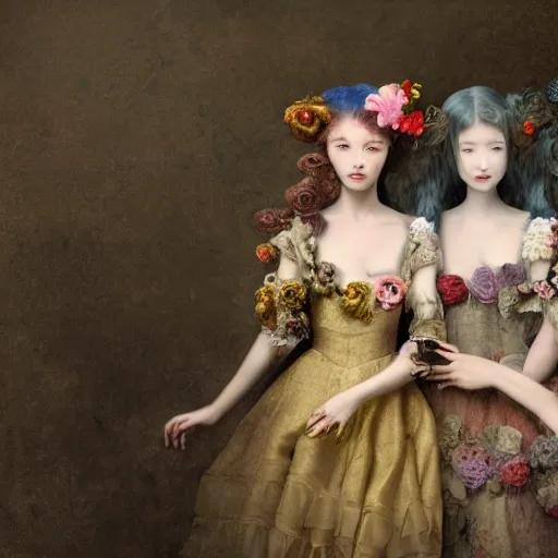 Image similar to 8k, octane render, realism, tonalism, renaissance, rococo, baroque, group of creepy young ladies wearing long harajuku manga dress with flowers and skulls, background chaotic flowers
