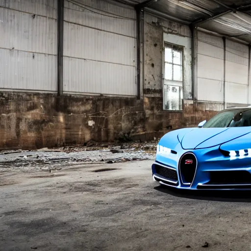 Image similar to an abandoned, derelict, rusty bugatti chiron in a dirty warehouse