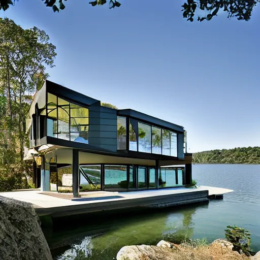 Image similar to Modern luxury lakeside house, by Escher