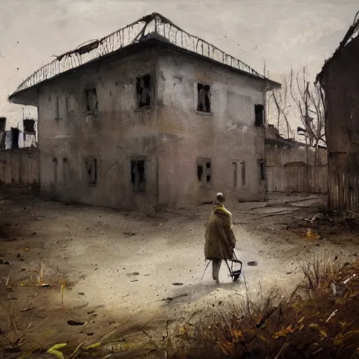 Image similar to painting by jakub rozalski of a person walking with a wheelbarrow in an abandoned post soviet town infested with root monsters