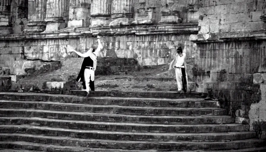 Image similar to 1 9 6 0 s movie still of caligula stabbed by senators on the ancient amphitheater's stairs, cinestill 8 0 0 t 3 5 mm, high quality, heavy grain, high detail, dramatic light, ultra wide lens, anamorphic