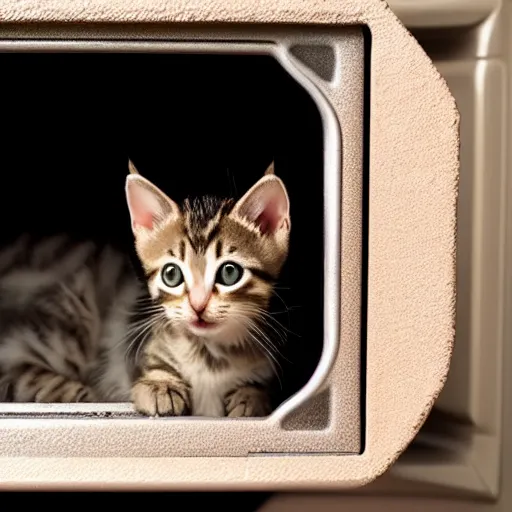 Prompt: a tabby kitten in an shut oven looking at the camera