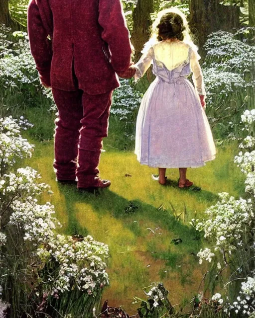 Image similar to detailed painting of a beautiful tardigrade standing upright and holding hands with a young girl, untouched by humans for years, with a brooding fairy inside it. sunlight beams down on the scene and you can tell it is spring from the flowers. atmospheric. by norman rockwell